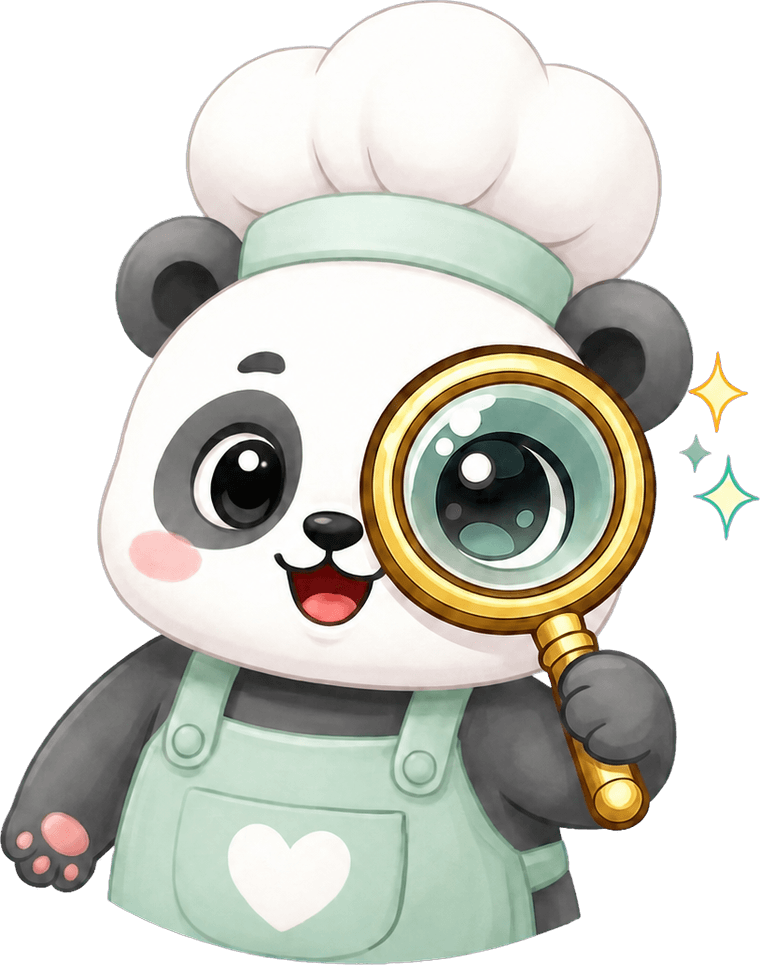 Cute Meals AI panda chef holding a magnifying glass