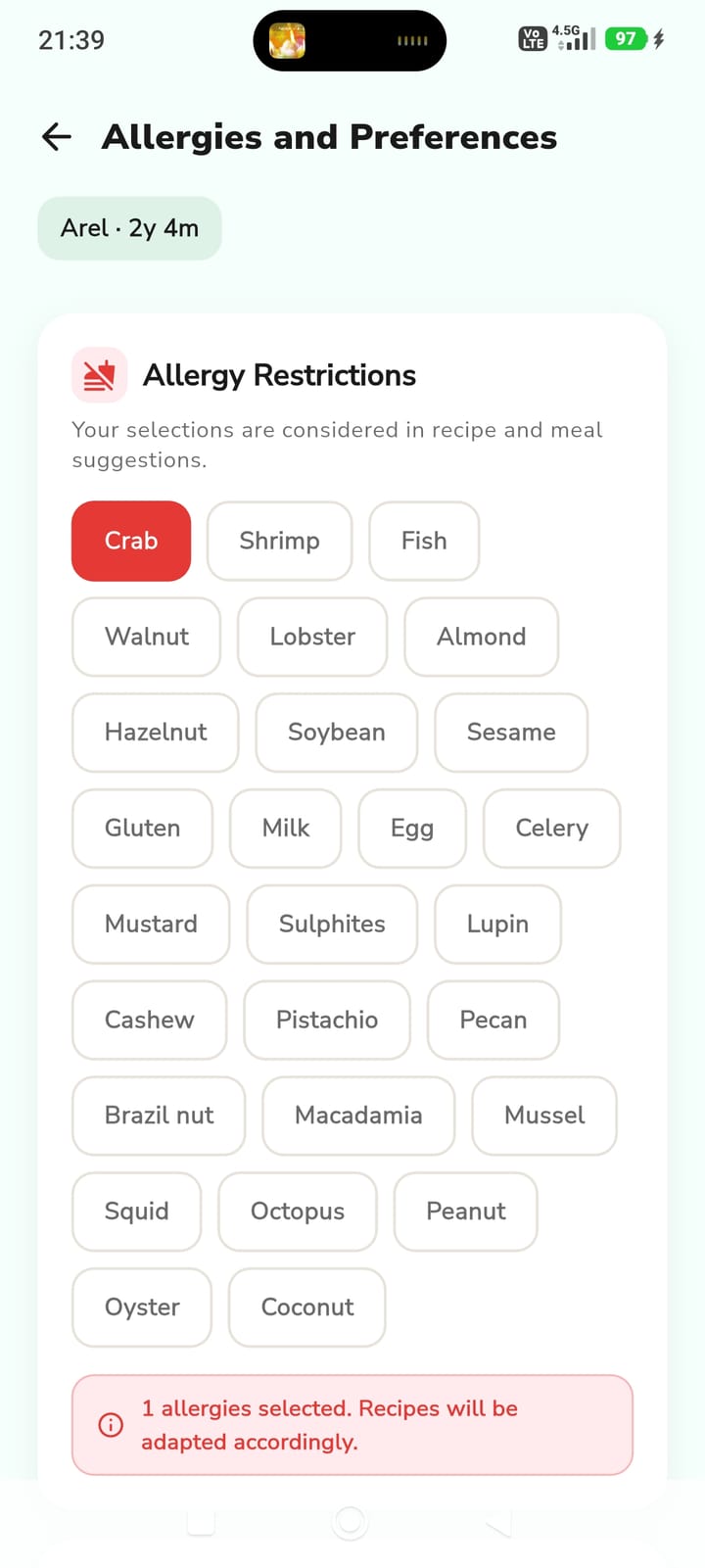 Allergies and preferences