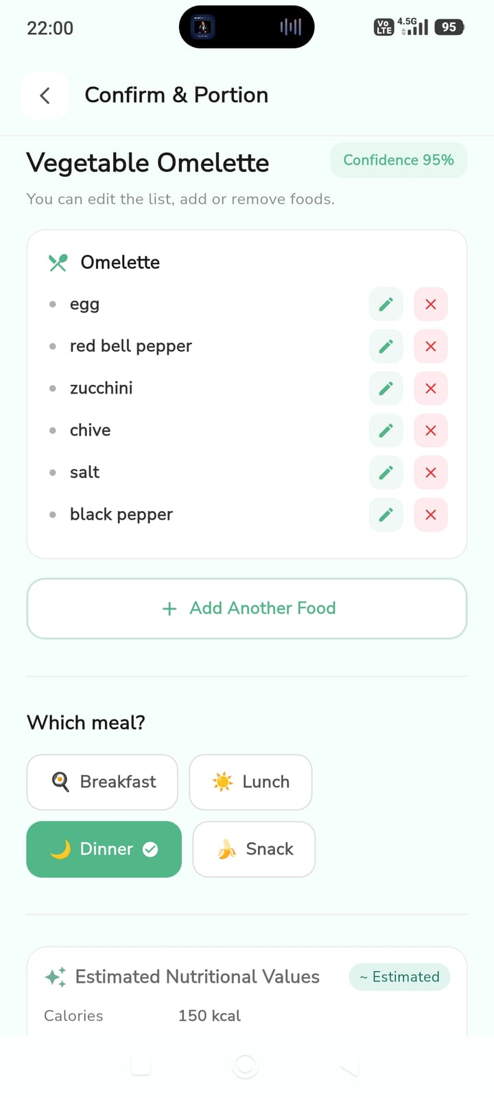 Cute Meals photo-analysis confirmation screen with ingredient list and meal selection