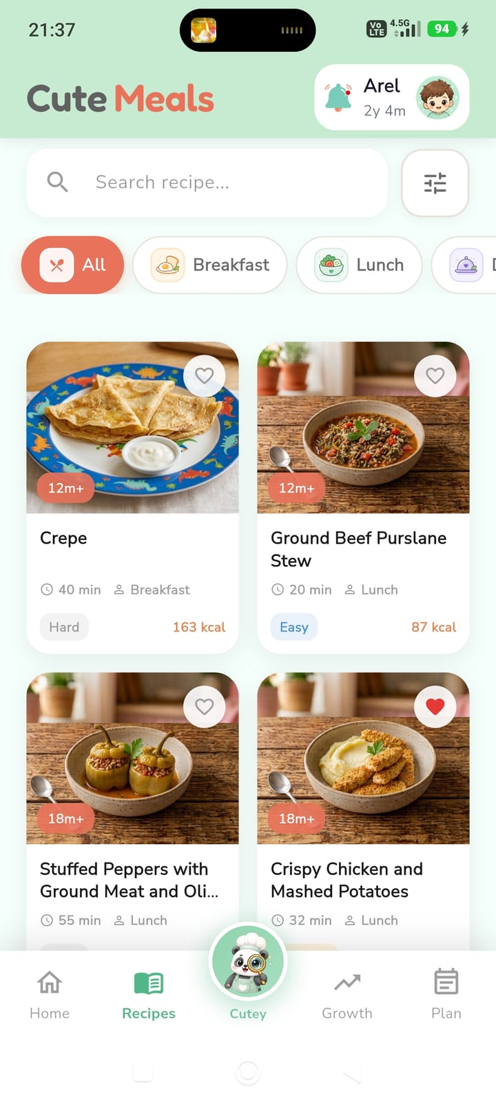 Cute Meals recipe list screen with age badges and filters